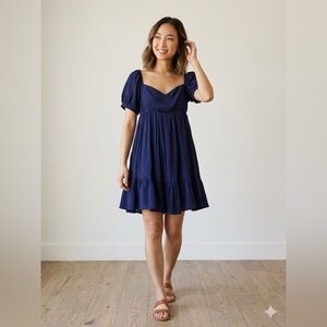 Lulu's Boho Indi Sleeze Navy Blue Gauze Tiered Puff Sleeve Mini Dress